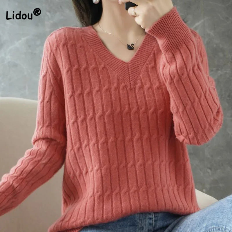 fashions w.s..Autumn Winter Temperament Female Solid Color Knitted Tops 2023 Fashion V-Neck All-match Long Sleeve Sweaters Women's Clothing