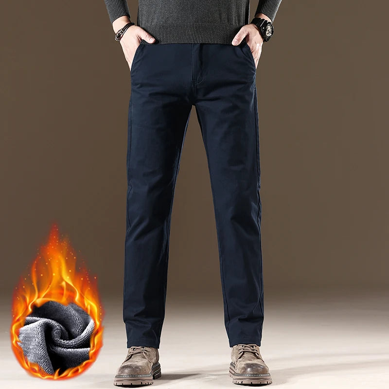 F W S ..97% Cotton Men's Fleece Casual Pants Khaki Black Gray Navy Blue Straight Soft Cozy Stretch Trousers Winter Warm Male Clothing