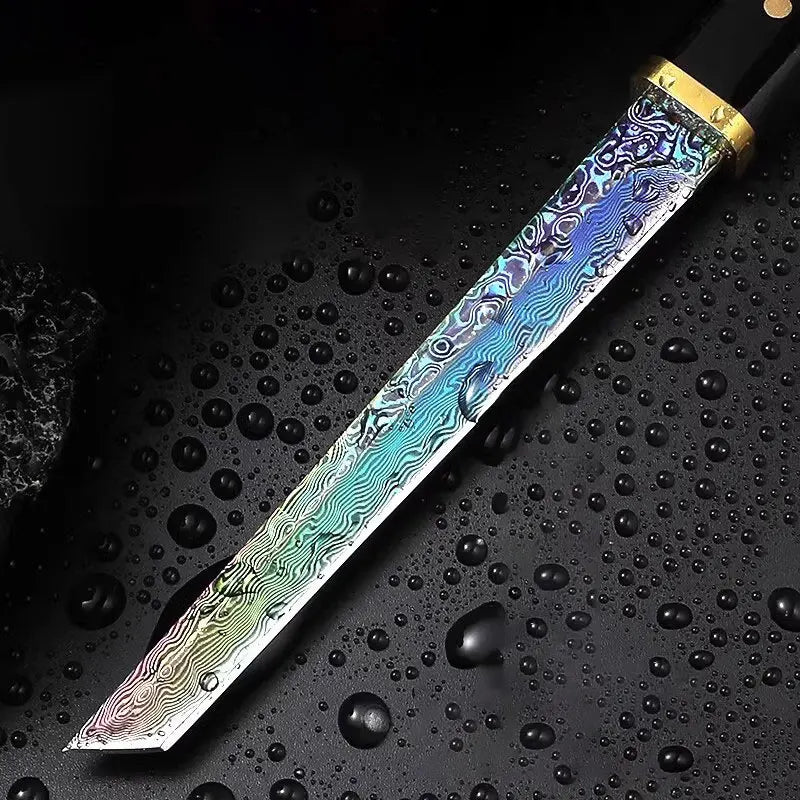 F.W.S...Damascus Steel Knife Solid wood handle and wooden sheath Mini katana fixed blade - for fruit slicing display collection