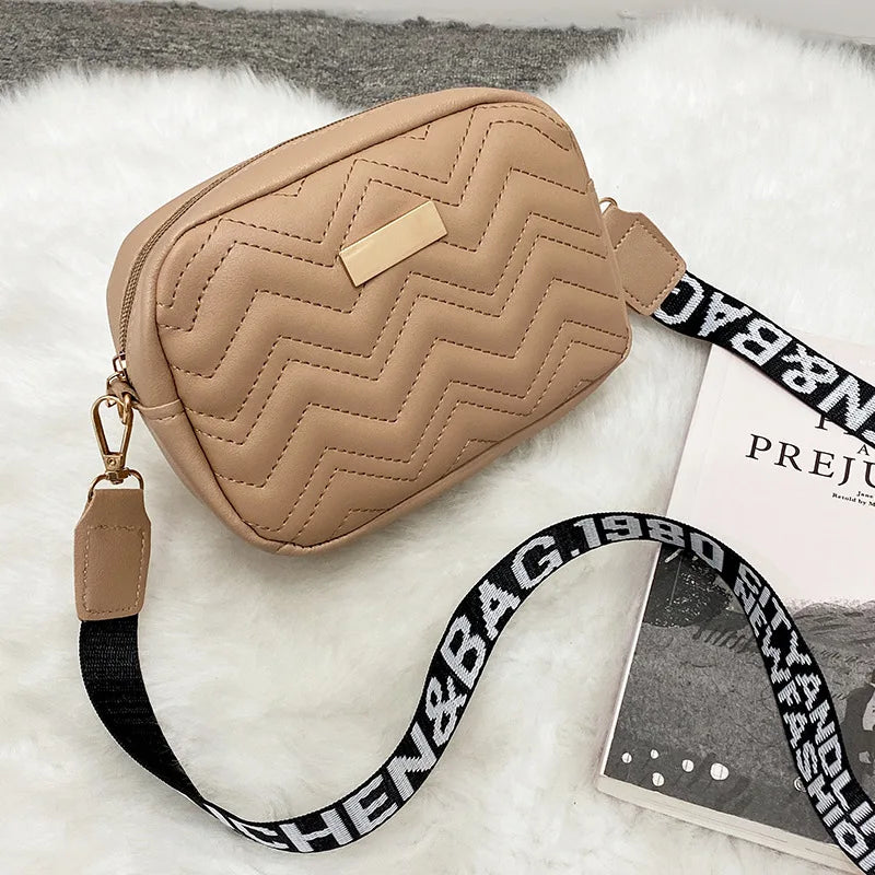 F.W.S...Fashion Women Shoulder Bags With Wave Pattern Solid Color Crossbody Bag Pu Leather Wide Shoulder Strap Bag Purse Female Handbags