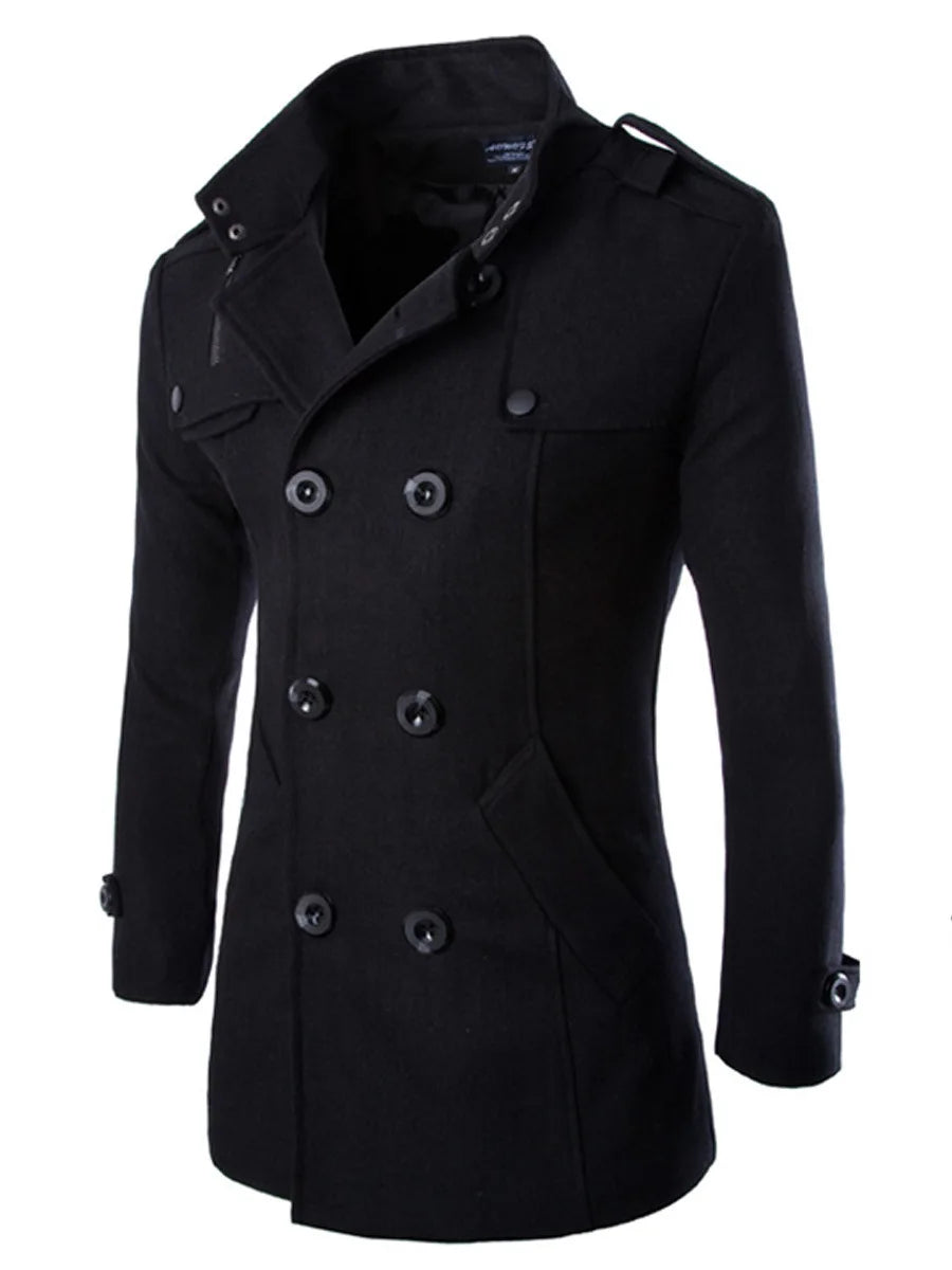 F W S..Mens Overcoat Trench Coats Winter Male Pea Coats Double Breasted Wool & Blends Coat Brand Clothing W01