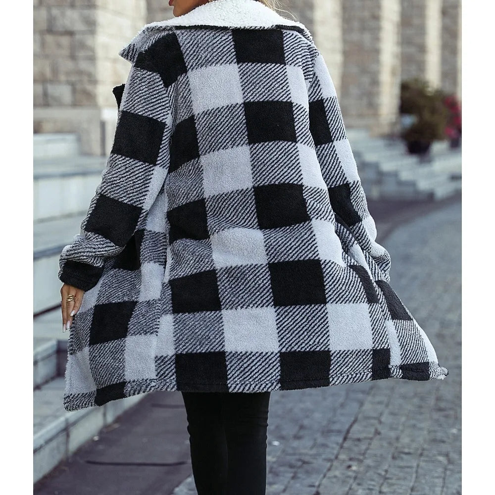 F W S..Autumn and Winter New Women's Fashion Polo Collar Long Sleeved Buckle Free Plaid Long Loose Cardigan Double Sided Casual Coat