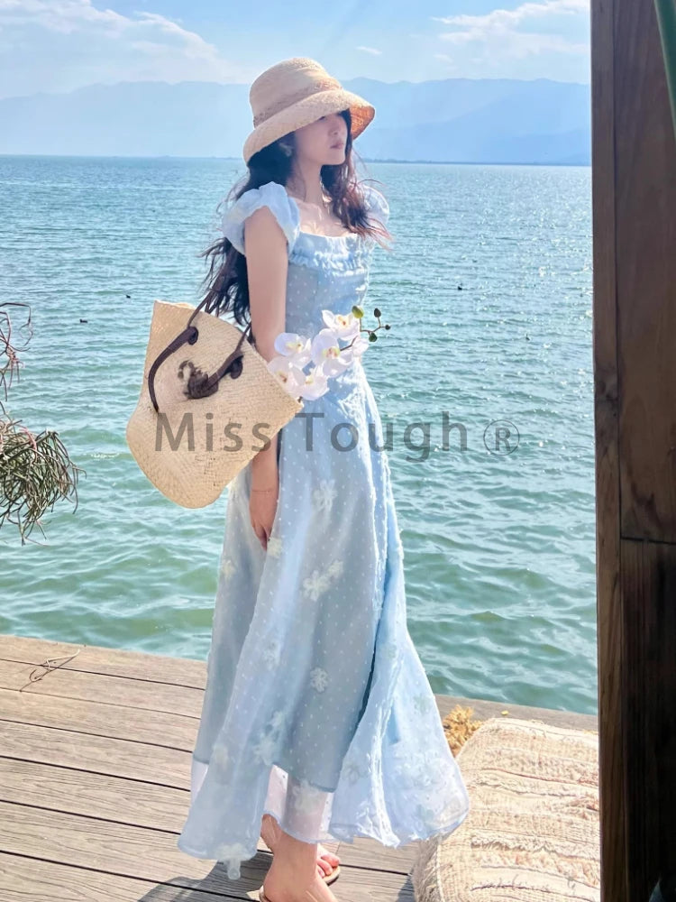 F W S..France Fashion Floral Print One Piece Dress Women Vintage Elegant Y2k Midi Dress Female Beach Outing Chic Dress Summer 2024 New