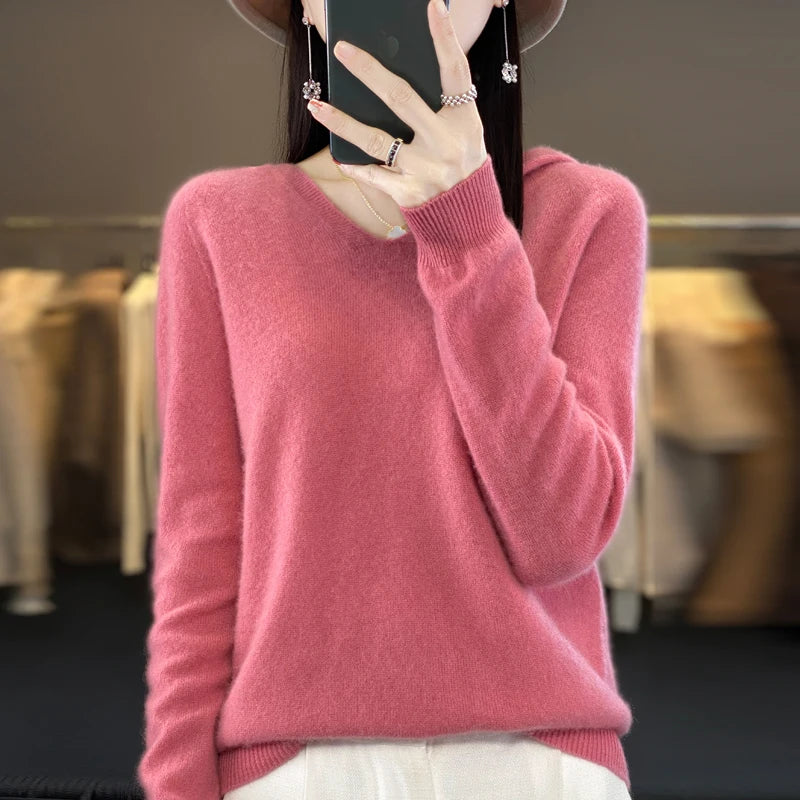 Fashions.w.s..100% Merino Wool Hooded Sweaters Women Knitted Pullover Top Winter Warm Soft V-Collar Polychrome Sweater Women's Jumper