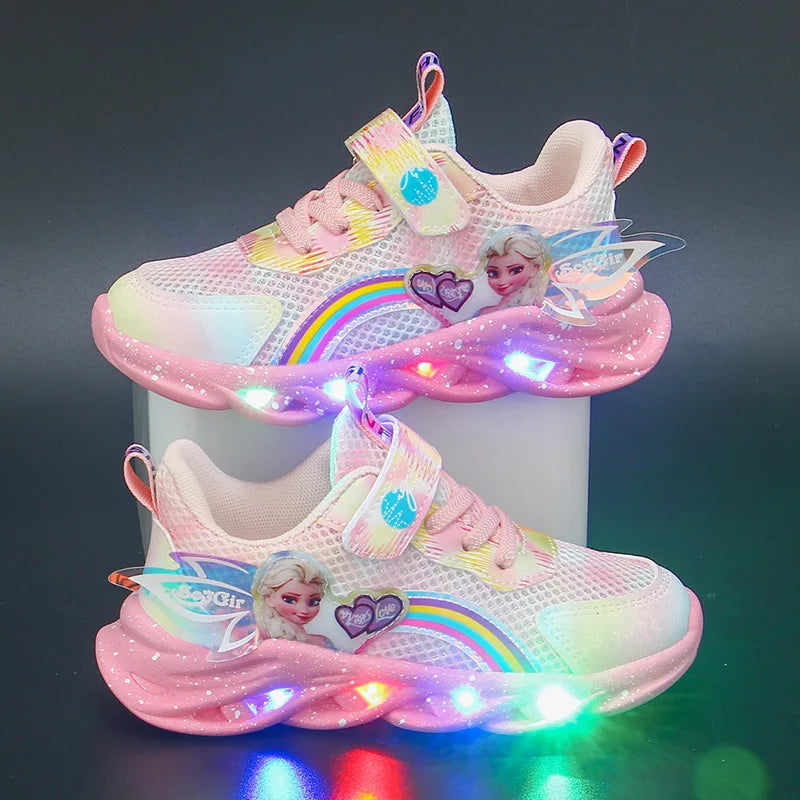 Disney Girls' Casual Shoes Led Lights Mesh Breathable Children's Sports  Princess Elsa Pink Purple Shoes Sneakers Size 22-37