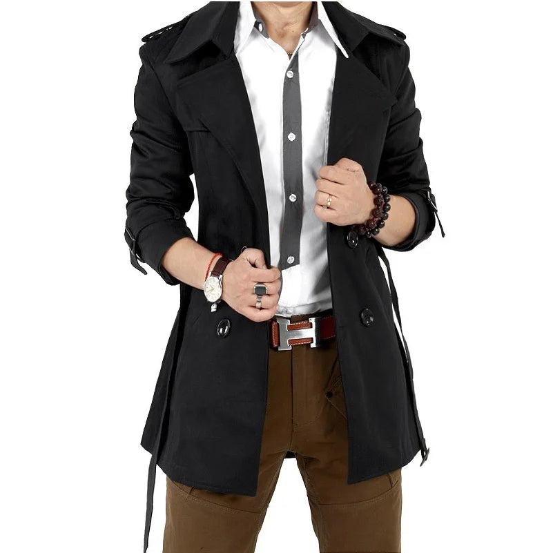 Fashions.w.s.. Men's Windbreaker Jacket Vintage Black Khaki Spring Autumn Business Trench Male Double Breasted Retro Classic Long Coat Men