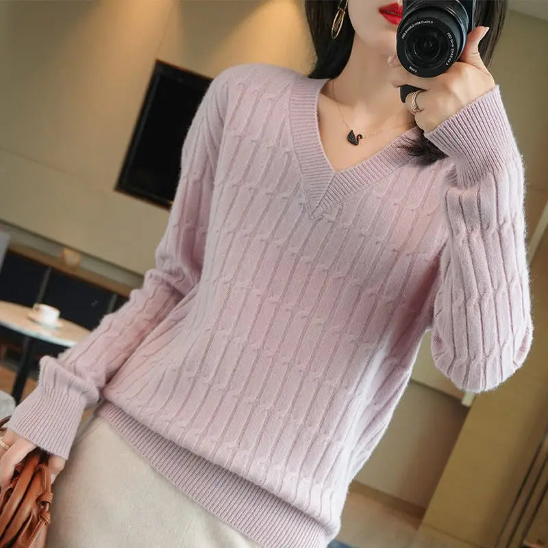 fashions w.s..Autumn Winter Temperament Female Solid Color Knitted Tops 2023 Fashion V-Neck All-match Long Sleeve Sweaters Women's Clothing