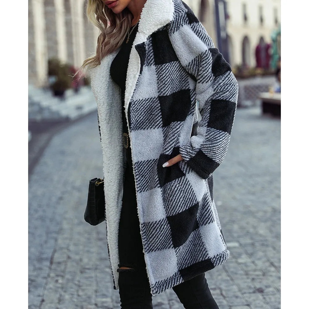 F W S..Autumn and Winter New Women's Fashion Polo Collar Long Sleeved Buckle Free Plaid Long Loose Cardigan Double Sided Casual Coat